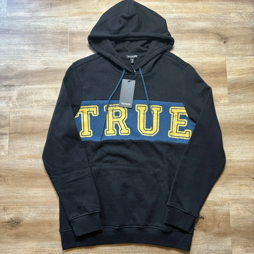 True Religion Pullover Hoodie Mens Small Black Contrast Panel Graphic 700022 New